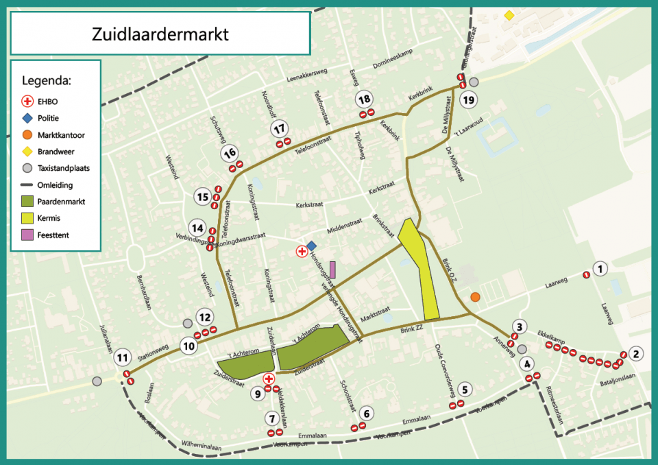 Plattegrond van Zuidlaren waarin staat aangegeven waar de Zuidlaardermarkt zich afspeelt